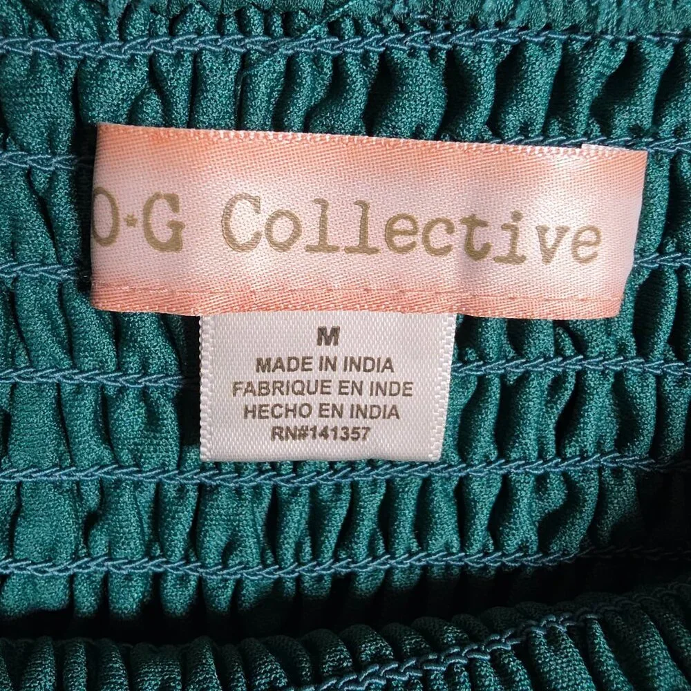 BOG Collective Top Womens Size Medium Pine green Smocked Cropped Blouse BOHO